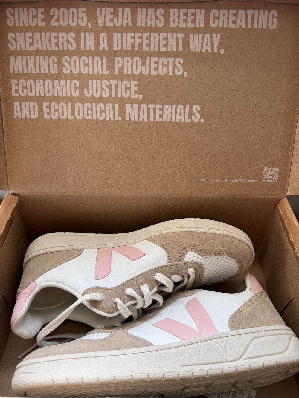 Veja Women's White Sneakers with Pink Heel Tabs and Beige Suede- NEW IN BOX